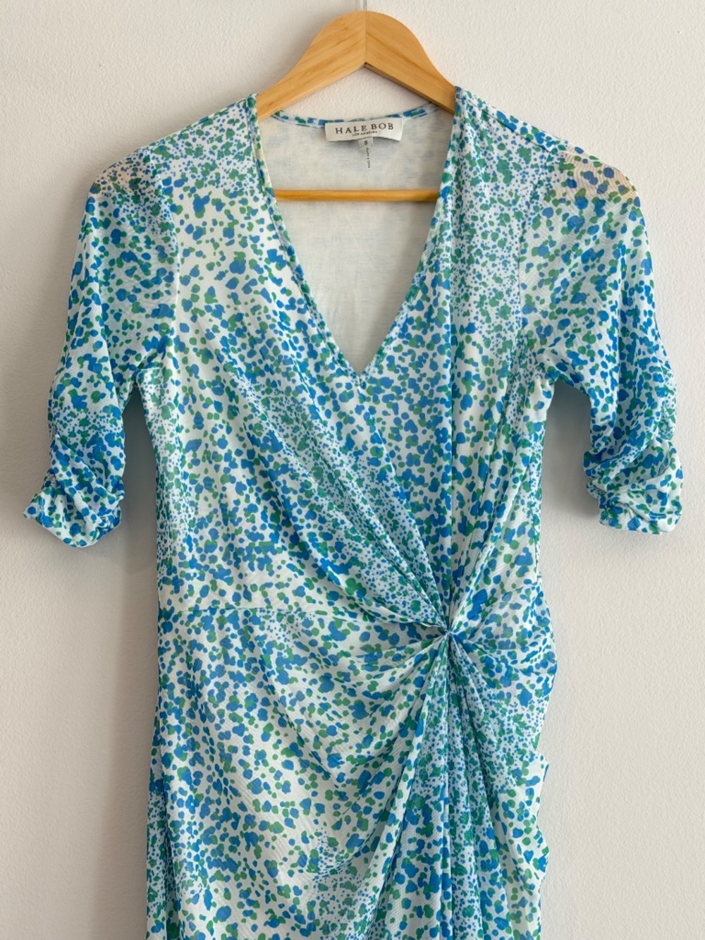 Hale Bob Twist Front Stretch Dress Elbow Sleeves Lined V- Neck Blue Green Print - Picture 4 of 12